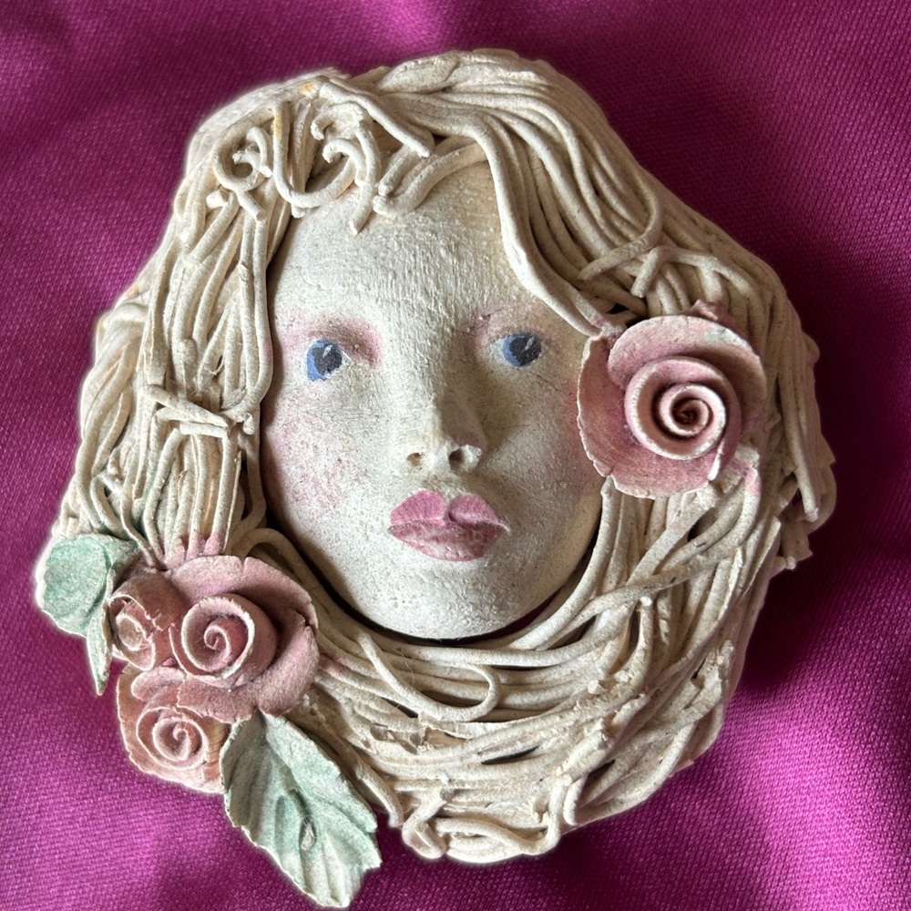 Clay brooch beautiful fairy face with roses